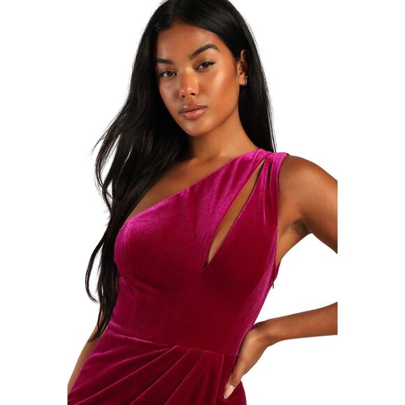 Lulus Impressive Essence Magenta Velvet One-Shoulder Cutout Midi Dress Small - Picture 2 of 16